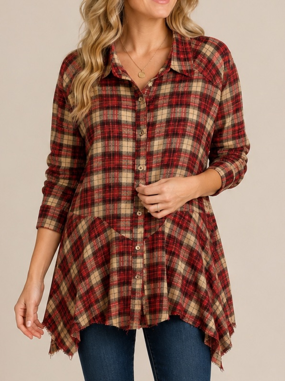 Haptics Holly Harper Plaid Handkerchief Distressed Hem Tunic Top S Flannel NWOT - Picture 11 of 11